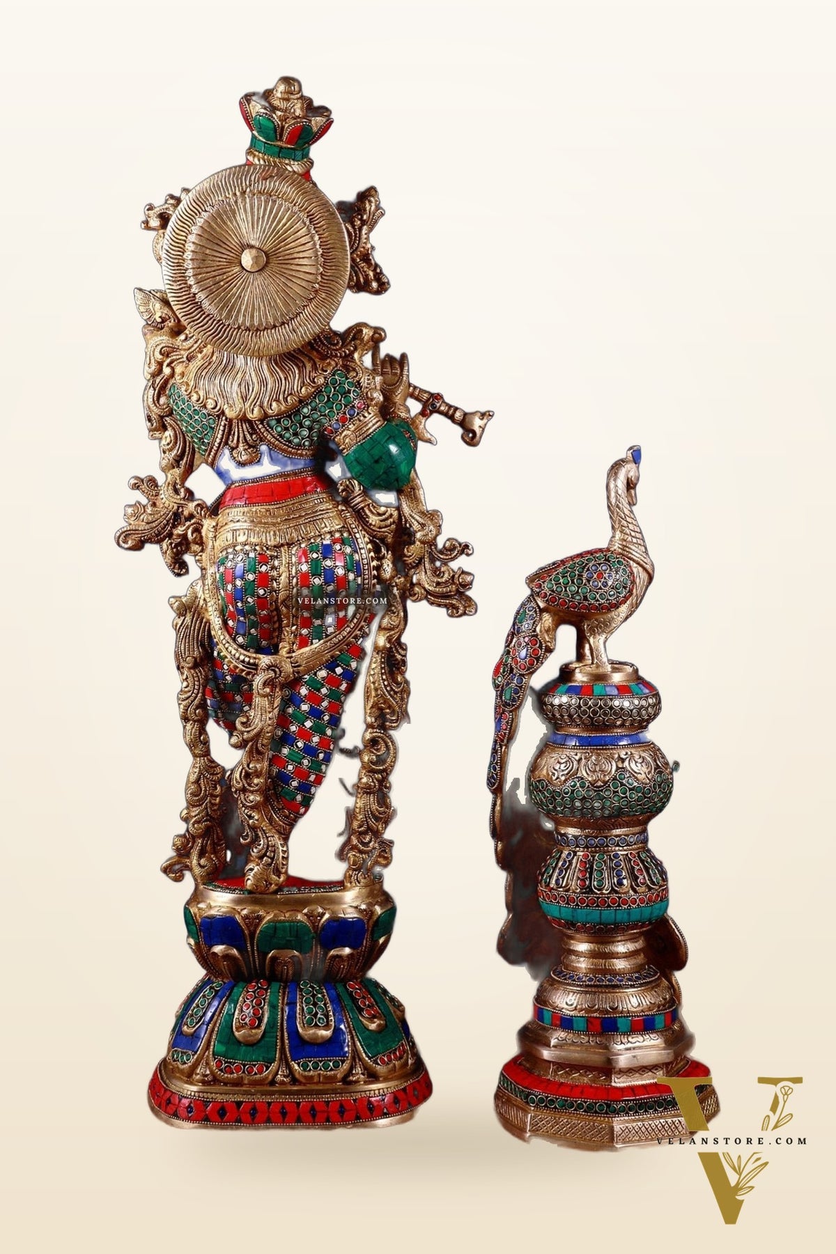 Brass Krishna Idol & Large Peacock Showpiece with meenakari Stonework