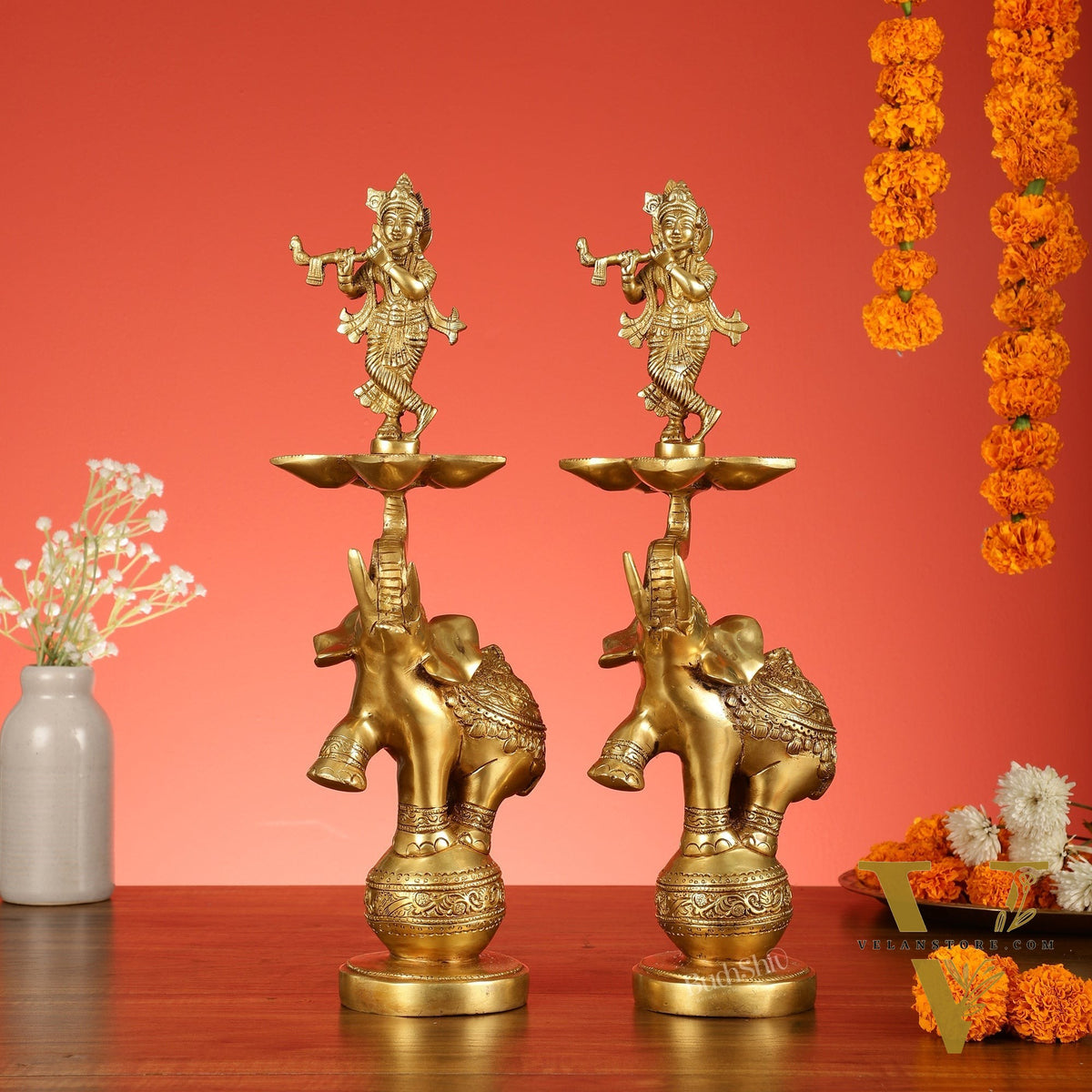 Brass Krishna idol with Jumping Elephant Lamp - 16"