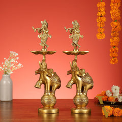 Brass Krishna idol with Jumping Elephant Lamp - 16"