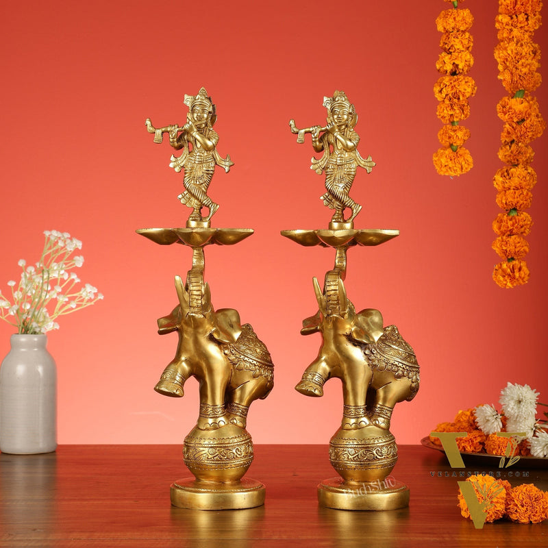 Brass Krishna idol with Jumping Elephant Lamp - 16"