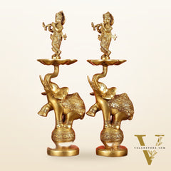 Brass Krishna idol with Jumping Elephant Lamp - 16"