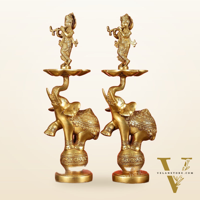 Brass Krishna idol with Jumping Elephant Lamp - 16"