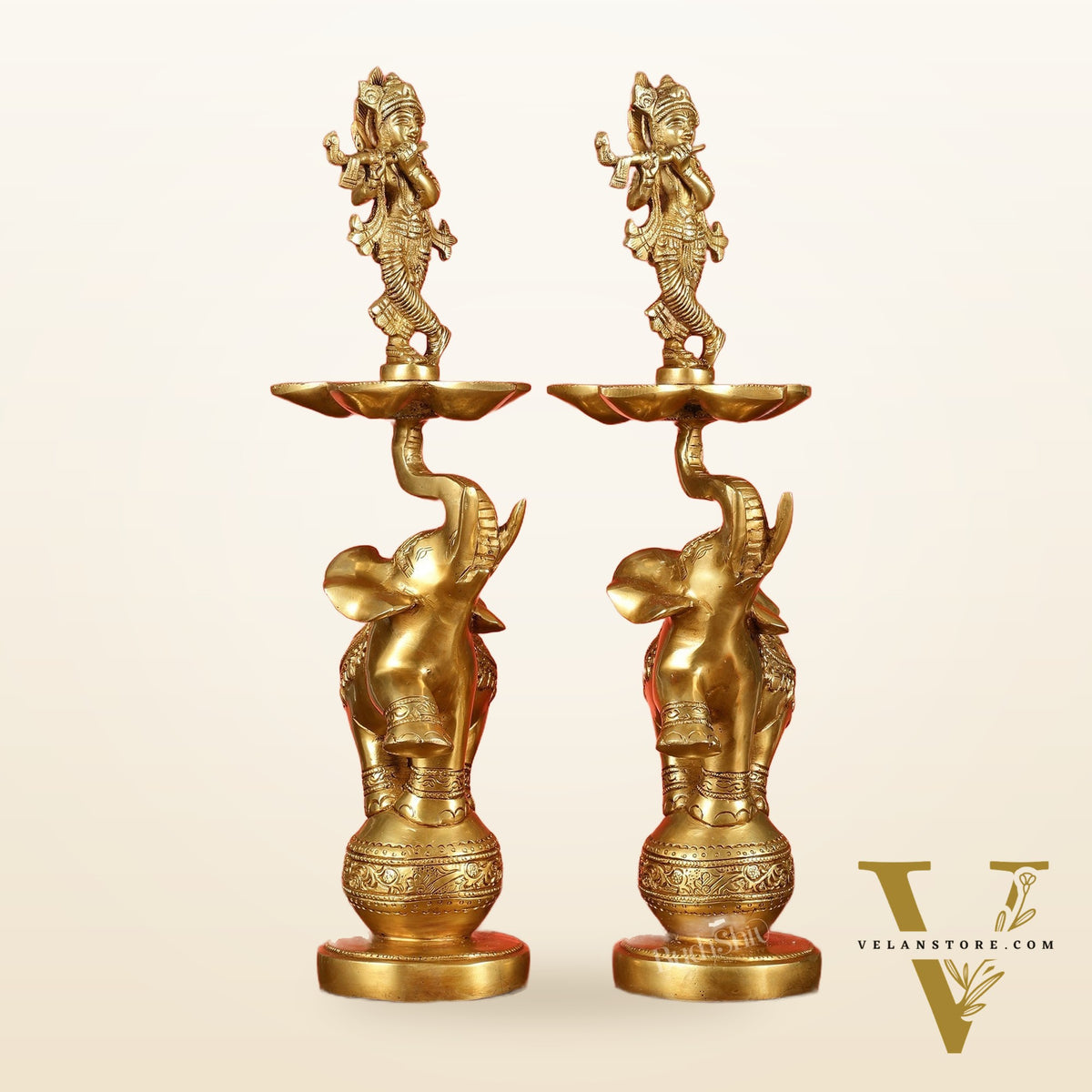 Brass Krishna idol with Jumping Elephant Lamp - 16"