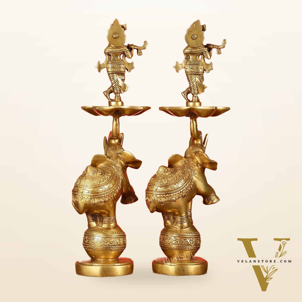 Brass Krishna idol with Jumping Elephant Lamp - 16"
