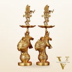 Brass Krishna idol with Jumping Elephant Lamp - 16"