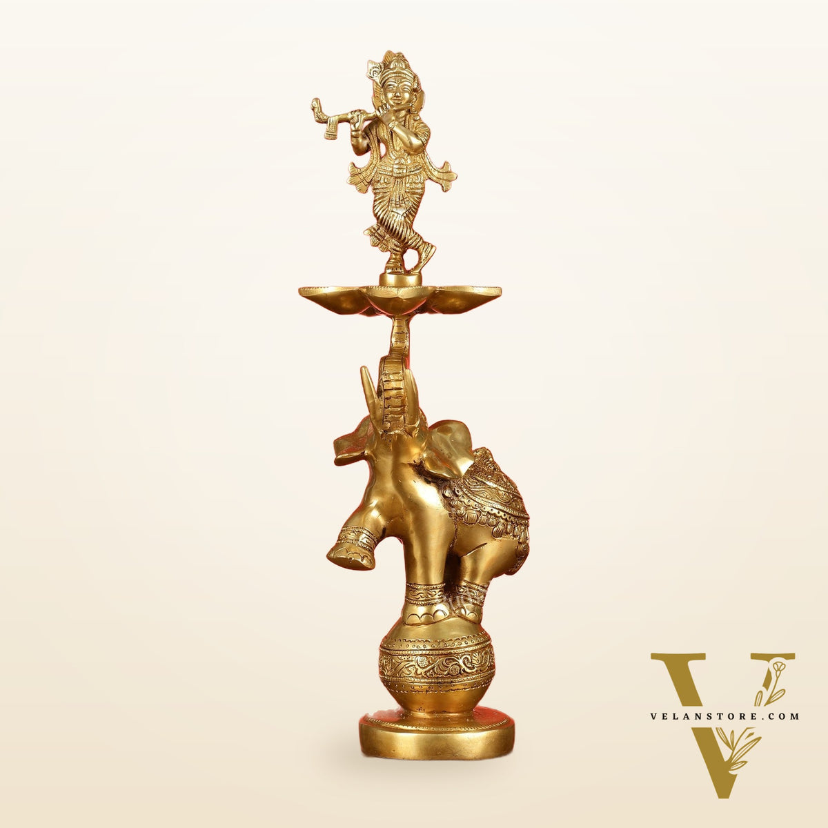 Brass Krishna idol with Jumping Elephant Lamp - 16"