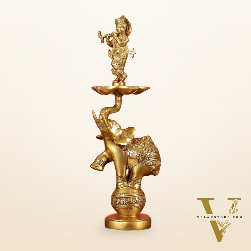 Brass Krishna idol with Jumping Elephant Lamp - 16"