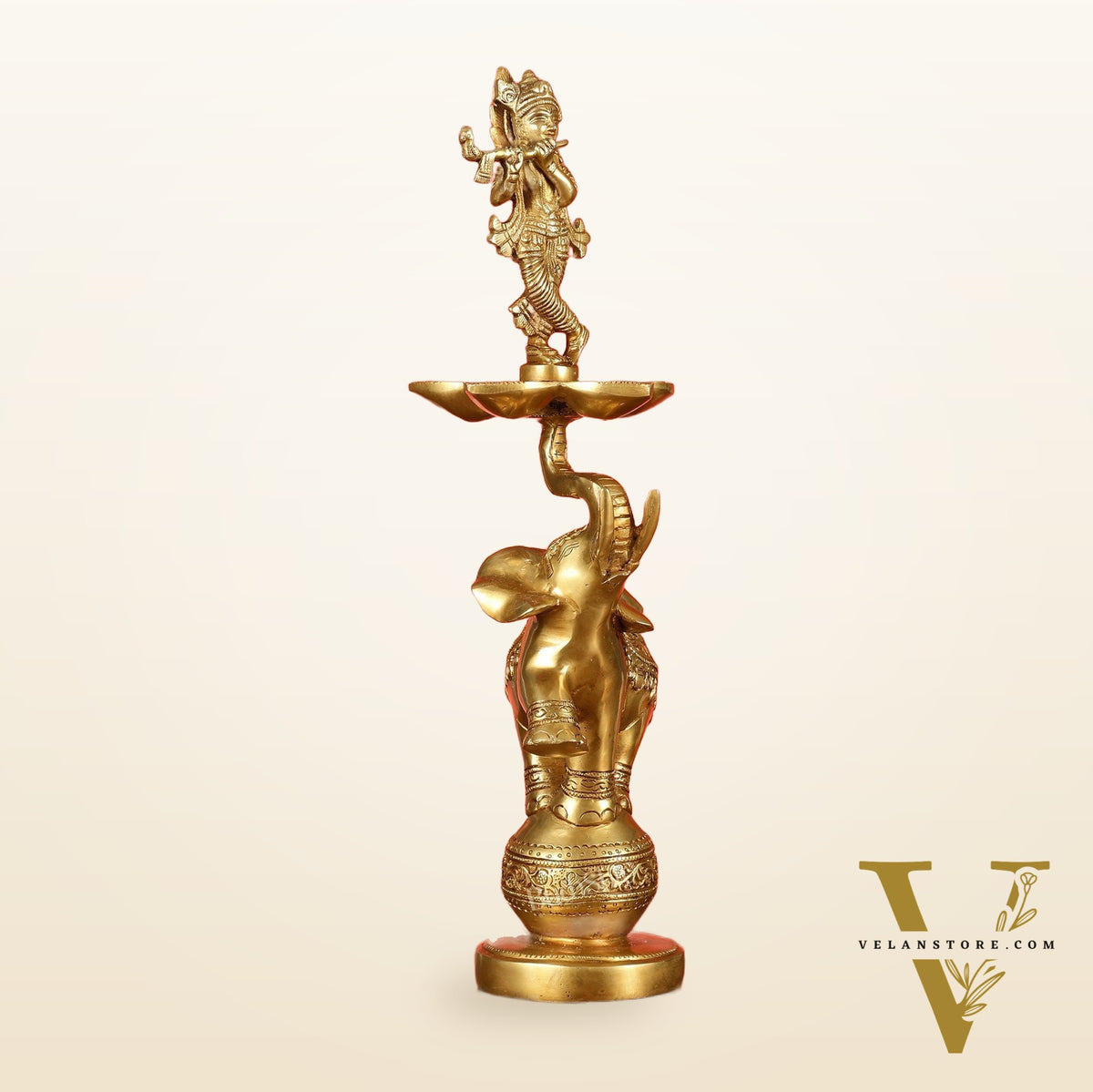 Brass Krishna idol with Jumping Elephant Lamp - 16"