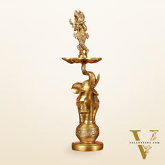 Brass Krishna idol with Jumping Elephant Lamp - 16"