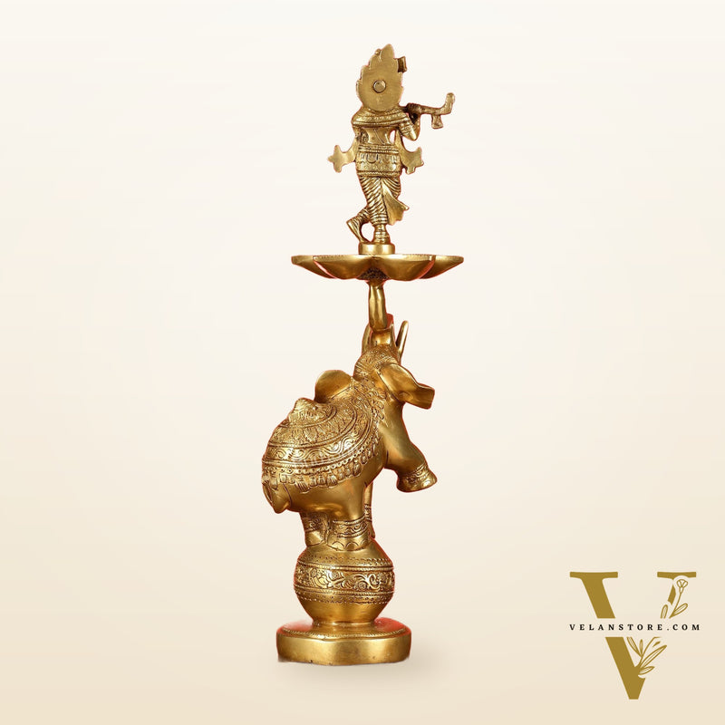 Brass Krishna idol with Jumping Elephant Lamp - 16"