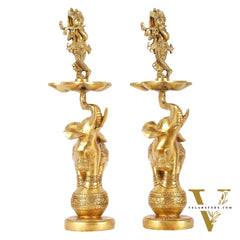 Brass Krishna idol with Jumping Elephant Lamp - 16"