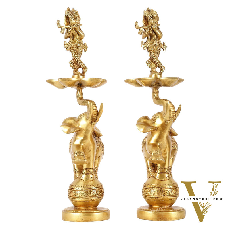 Brass Krishna idol with Jumping Elephant Lamp - 16"