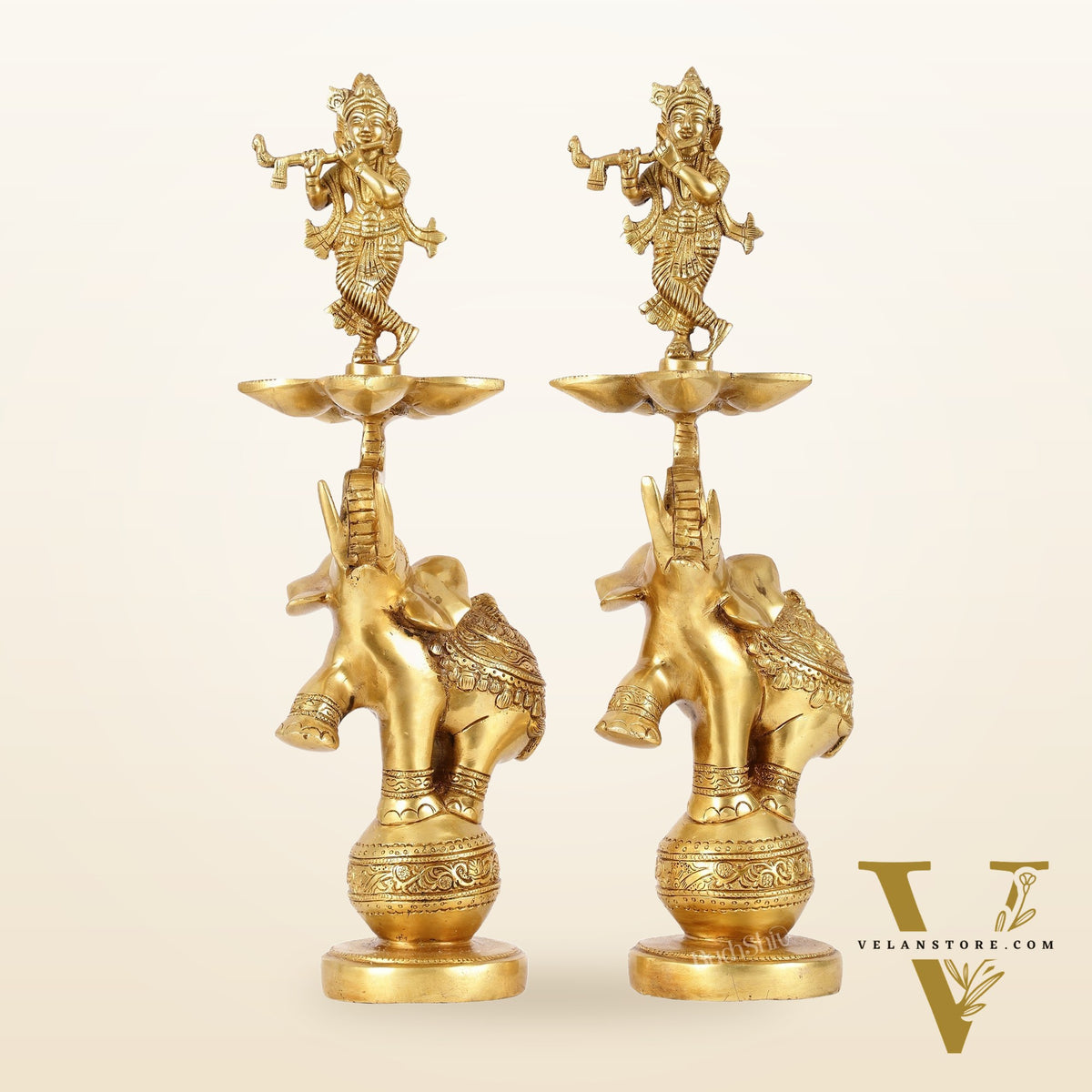 Brass Krishna idol with Jumping Elephant Lamp - 16"