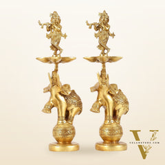 Brass Krishna idol with Jumping Elephant Lamp - 16"