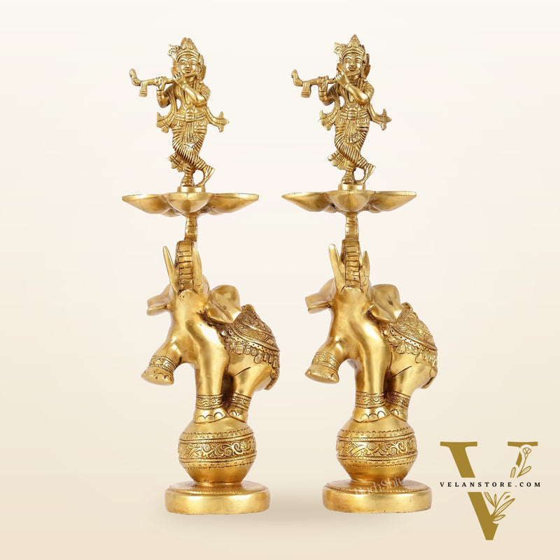 Brass Krishna idol with Jumping Elephant Lamp - 16"