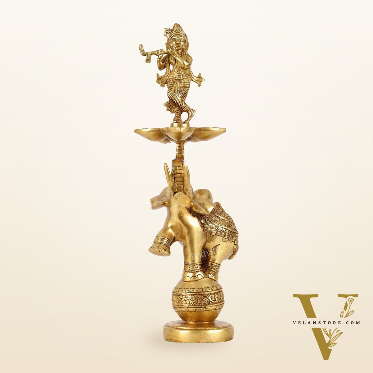 Brass Krishna idol with Jumping Elephant Lamp - 16"