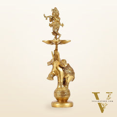 Brass Krishna idol with Jumping Elephant Lamp - 16"