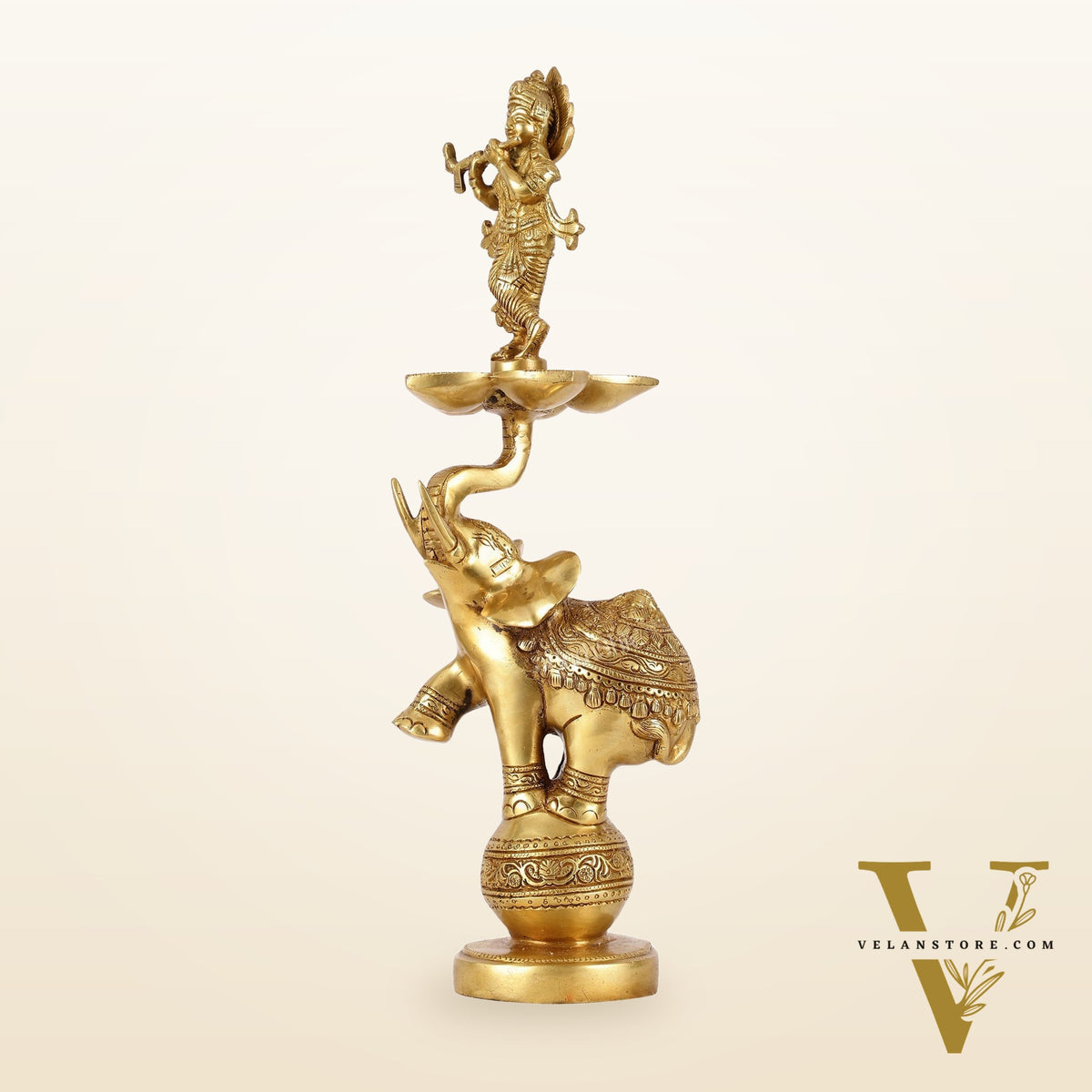 Brass Krishna idol with Jumping Elephant Lamp - 16"