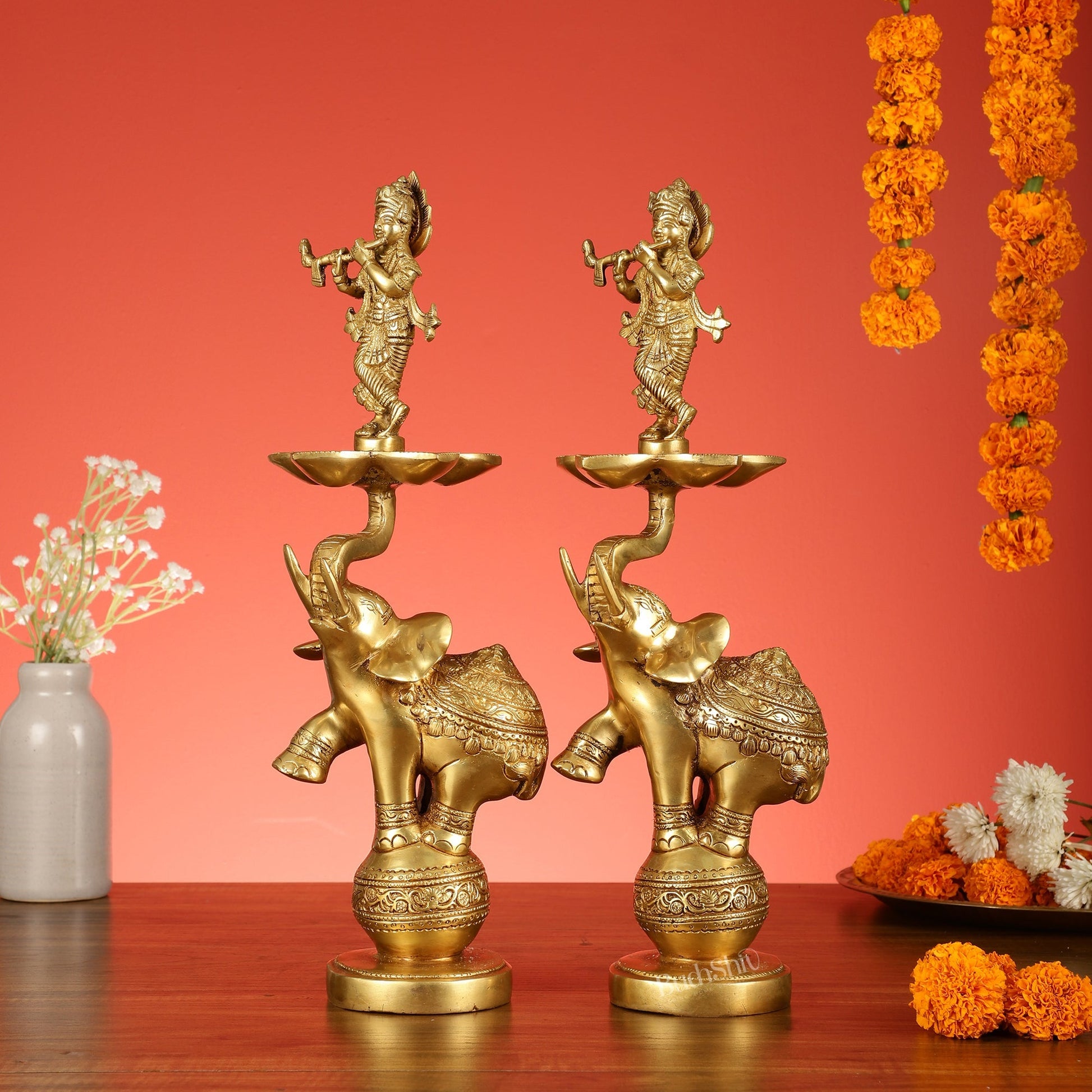 Brass Krishna idol with Jumping Elephant Lamp - 16"