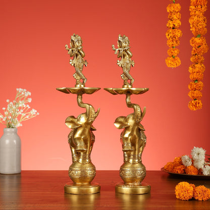 Brass Krishna idol with Jumping Elephant Lamp - 16"
