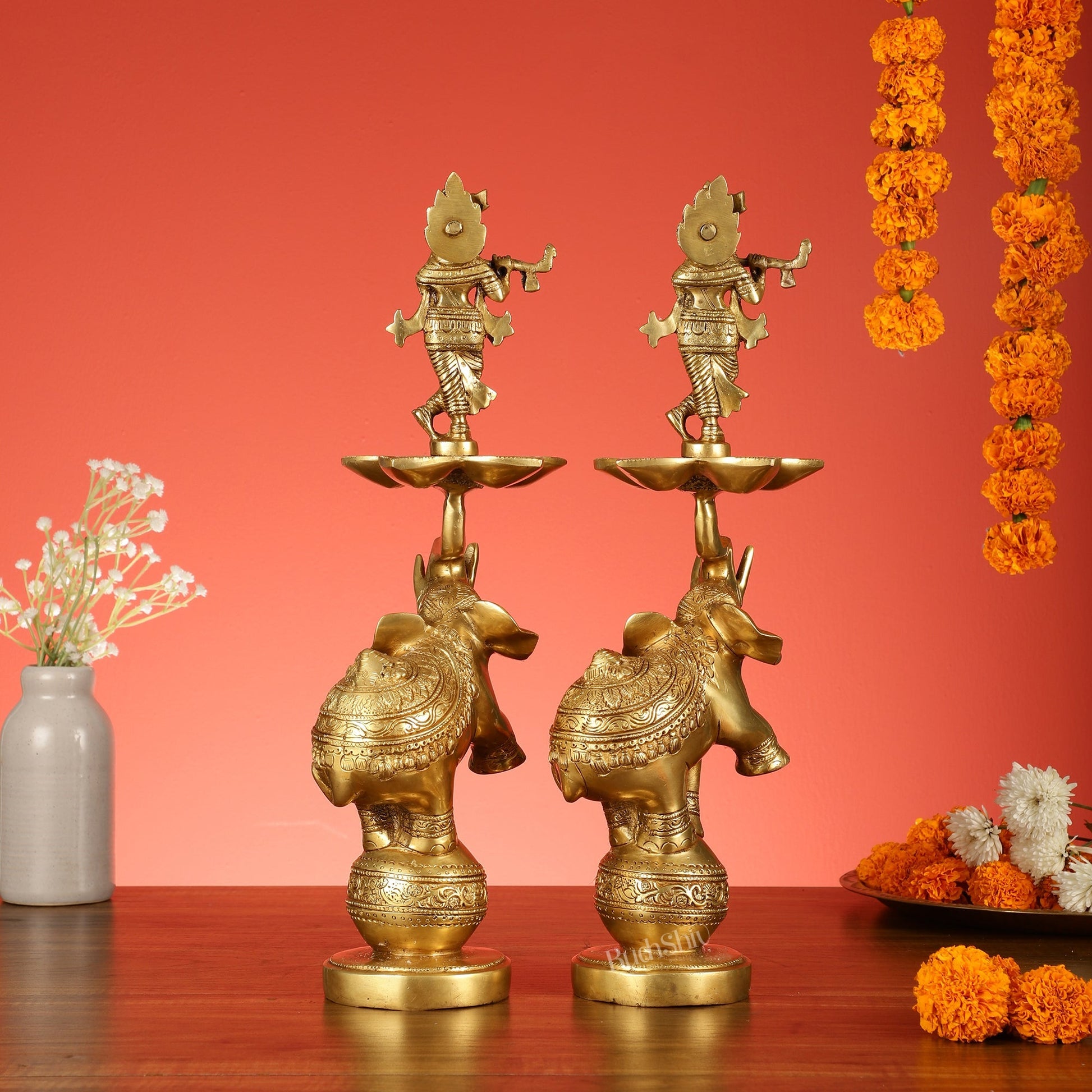 Brass Krishna idol with Jumping Elephant Lamp - 16"