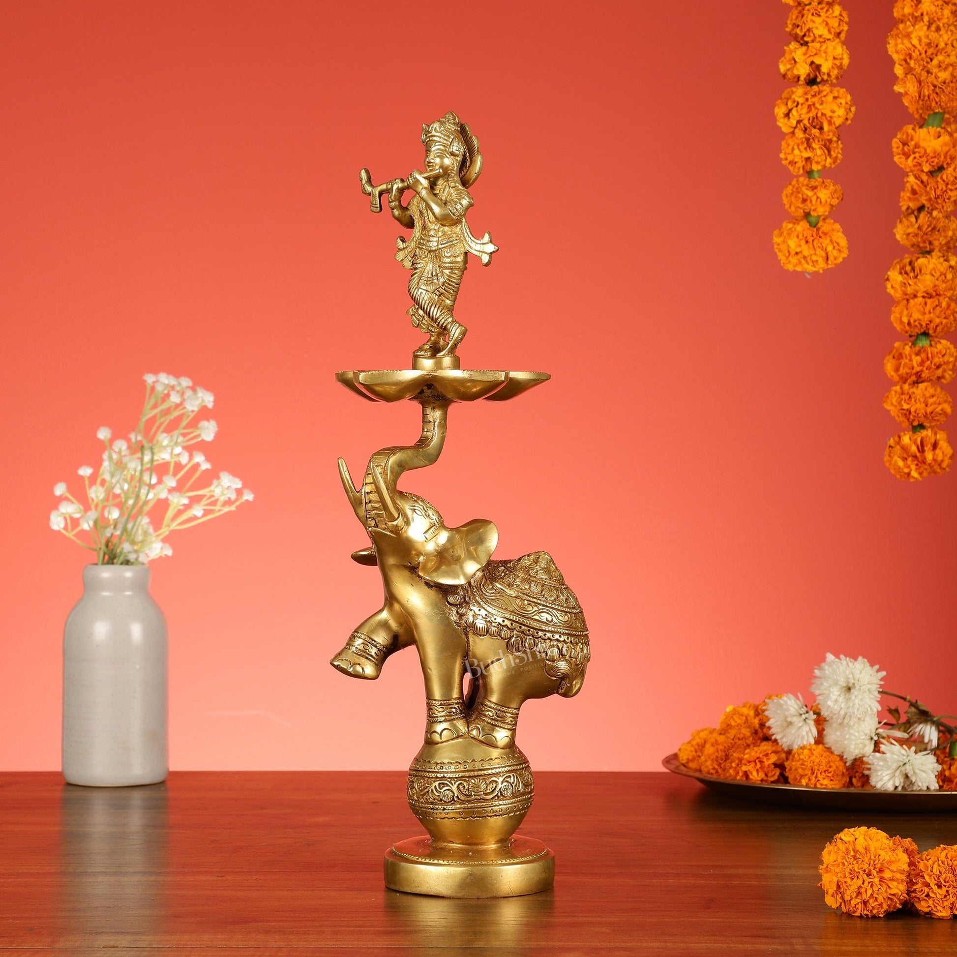 Brass Krishna idol with Jumping Elephant Lamp - 16"