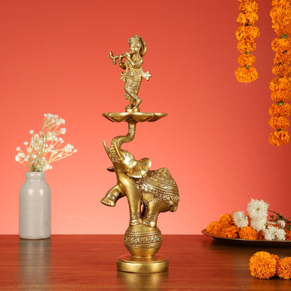 Brass Krishna idol with Jumping Elephant Lamp - 16"