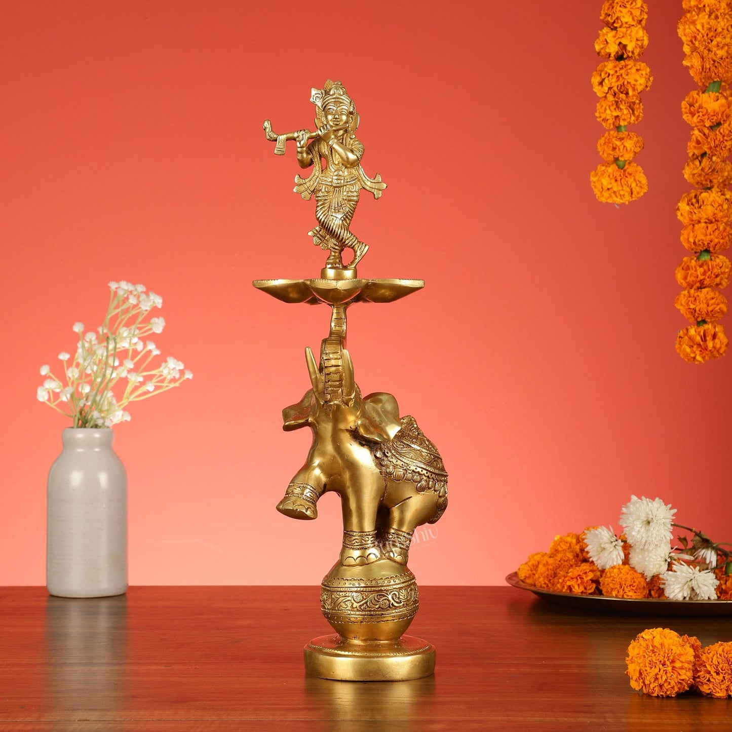 Brass Krishna idol with Jumping Elephant Lamp - 16"