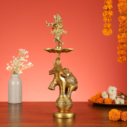 Brass Krishna idol with Jumping Elephant Lamp - 16"