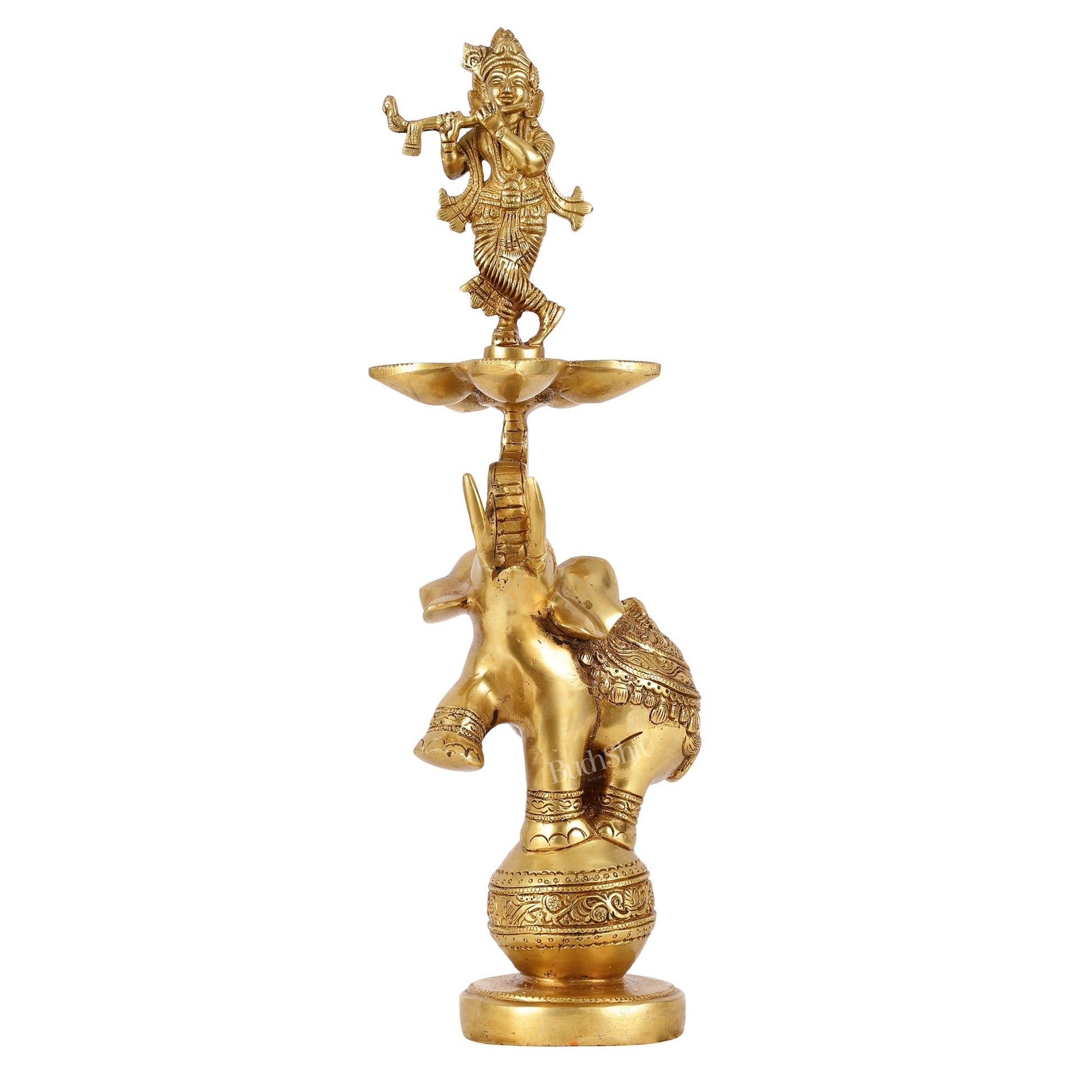 Brass Krishna idol with Jumping Elephant Lamp - 16"