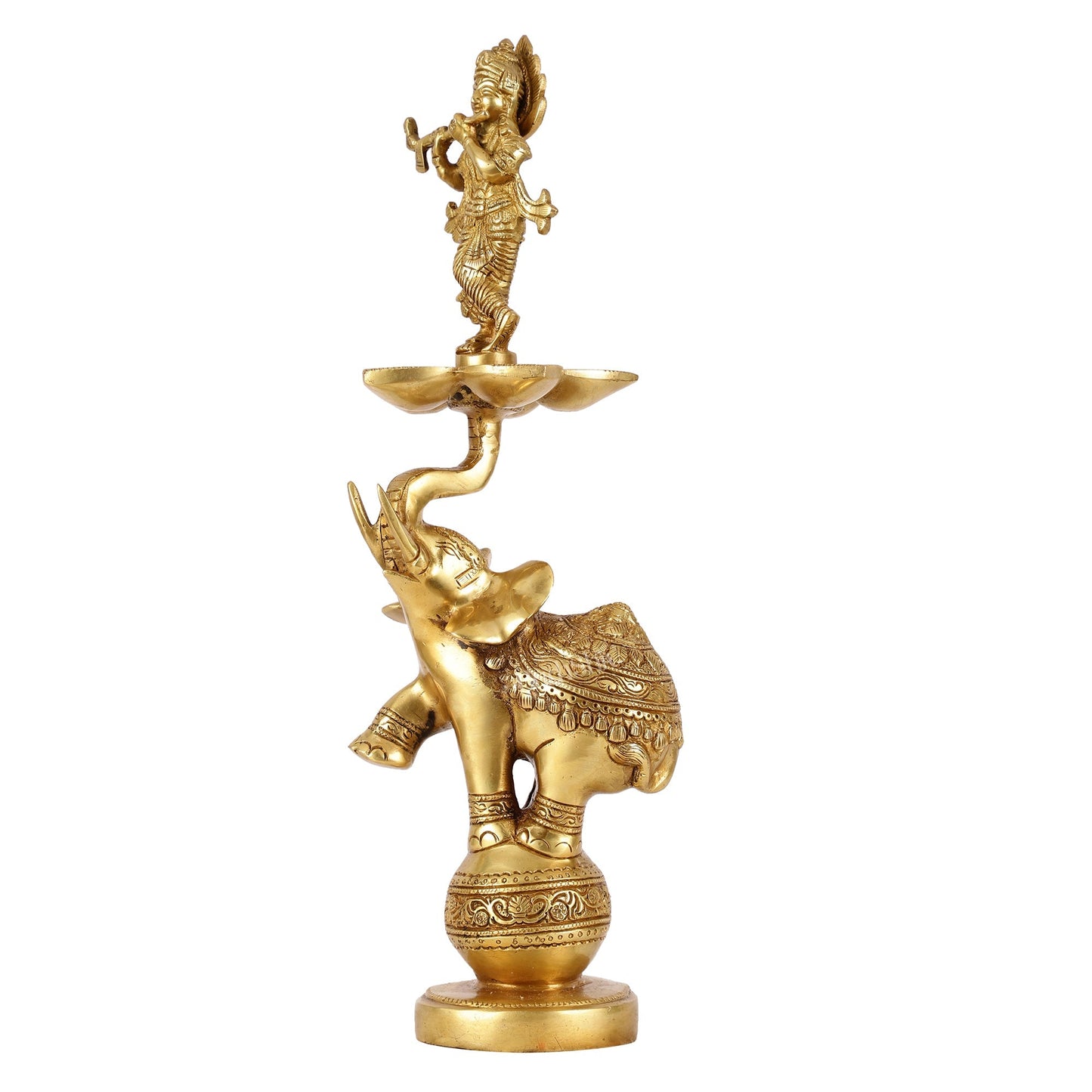 Brass Krishna idol with Jumping Elephant Lamp - 16"