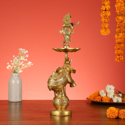 Brass Krishna idol with Jumping Elephant Lamp - 16"