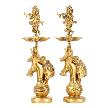 Brass Krishna idol with Jumping Elephant Lamp - 16"