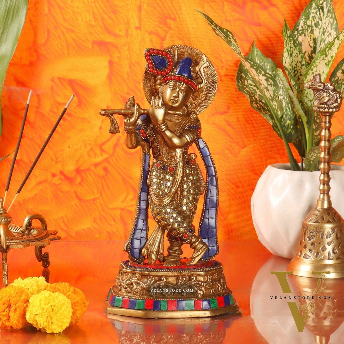 Brass Krishna Idol with Meenakari Artwork | Height 10 Inch