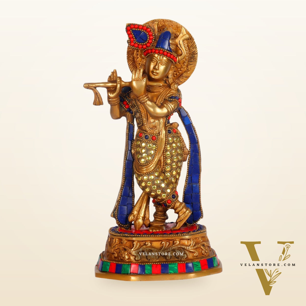 Brass Krishna Idol with Meenakari Artwork | Height 10 Inch
