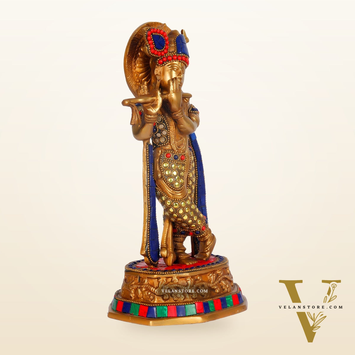Brass Krishna Idol with Meenakari Artwork | Height 10 Inch