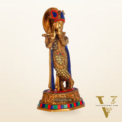 Brass Krishna Idol with Meenakari Artwork | Height 10 Inch