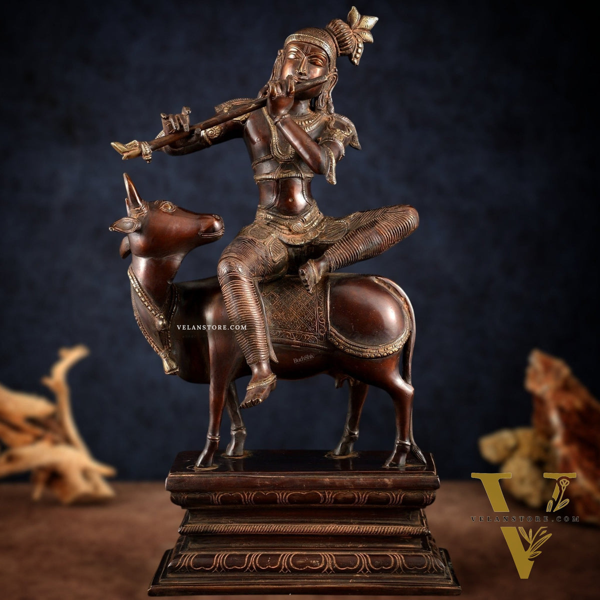 Brass Krishna Seated on Cow Statue Vintage Copper tone  | 21"