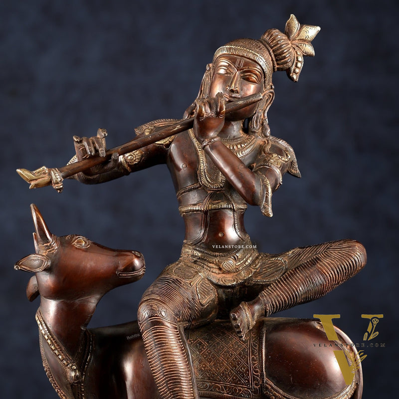Brass Krishna Seated on Cow Statue Vintage Copper tone  | 21"