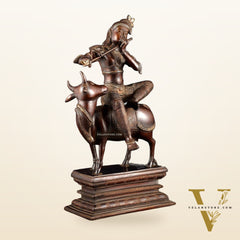 Brass Krishna Seated on Cow Statue Vintage Copper tone  | 21"