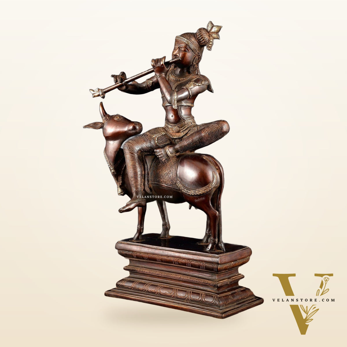 Brass Krishna Seated on Cow Statue Vintage Copper tone  | 21"
