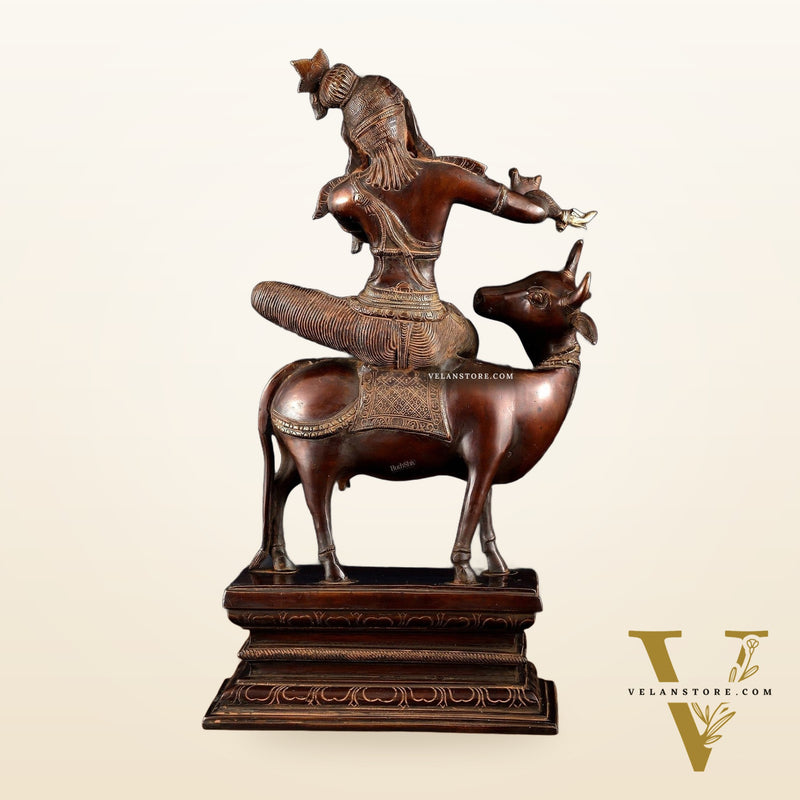 Brass Krishna Seated on Cow Statue Vintage Copper tone  | 21"
