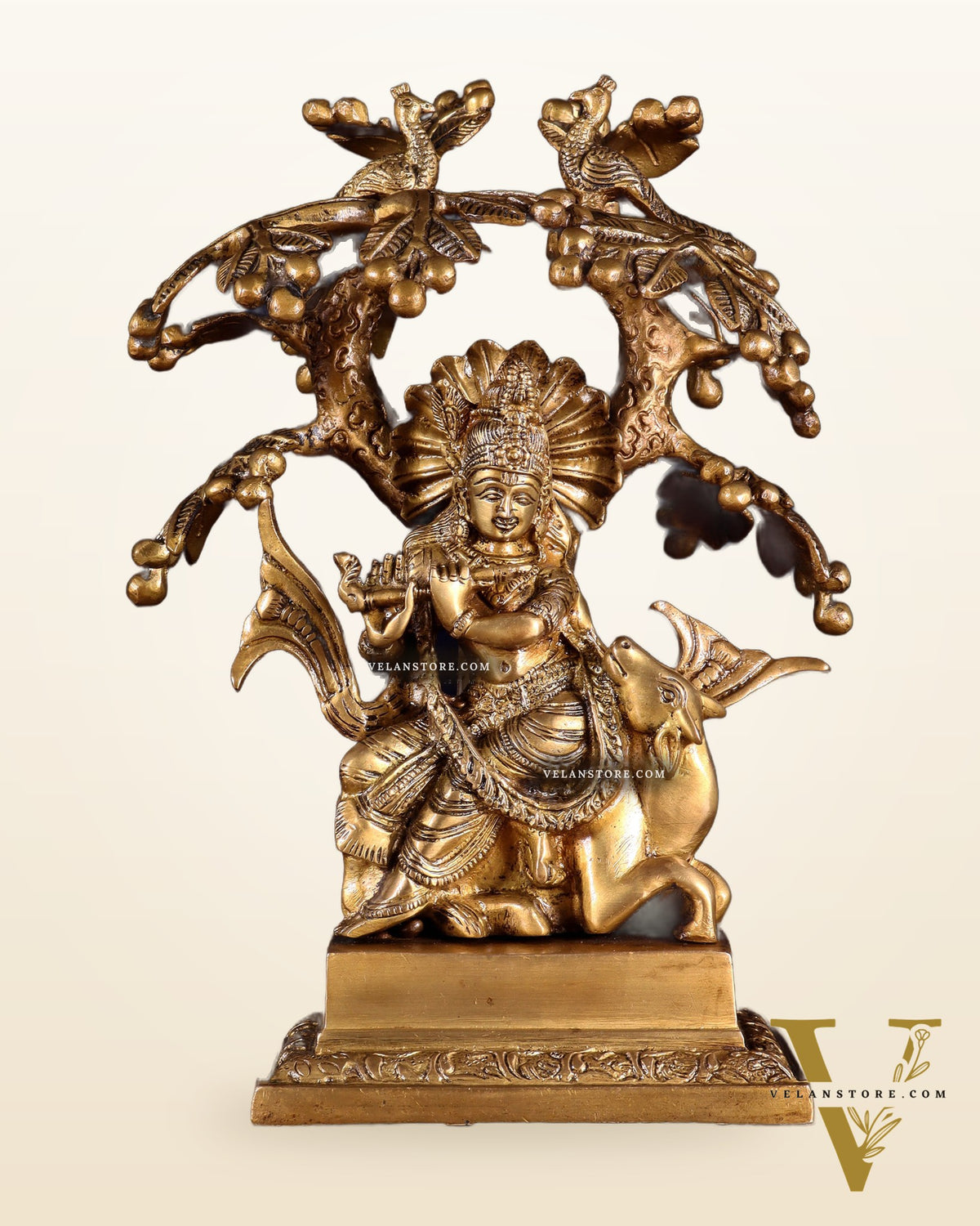 Brass Krishna sitting on Cow with Kalpavriksha | 12 inch