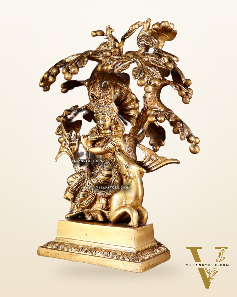 Brass Krishna sitting on Cow with Kalpavriksha | 12 inch