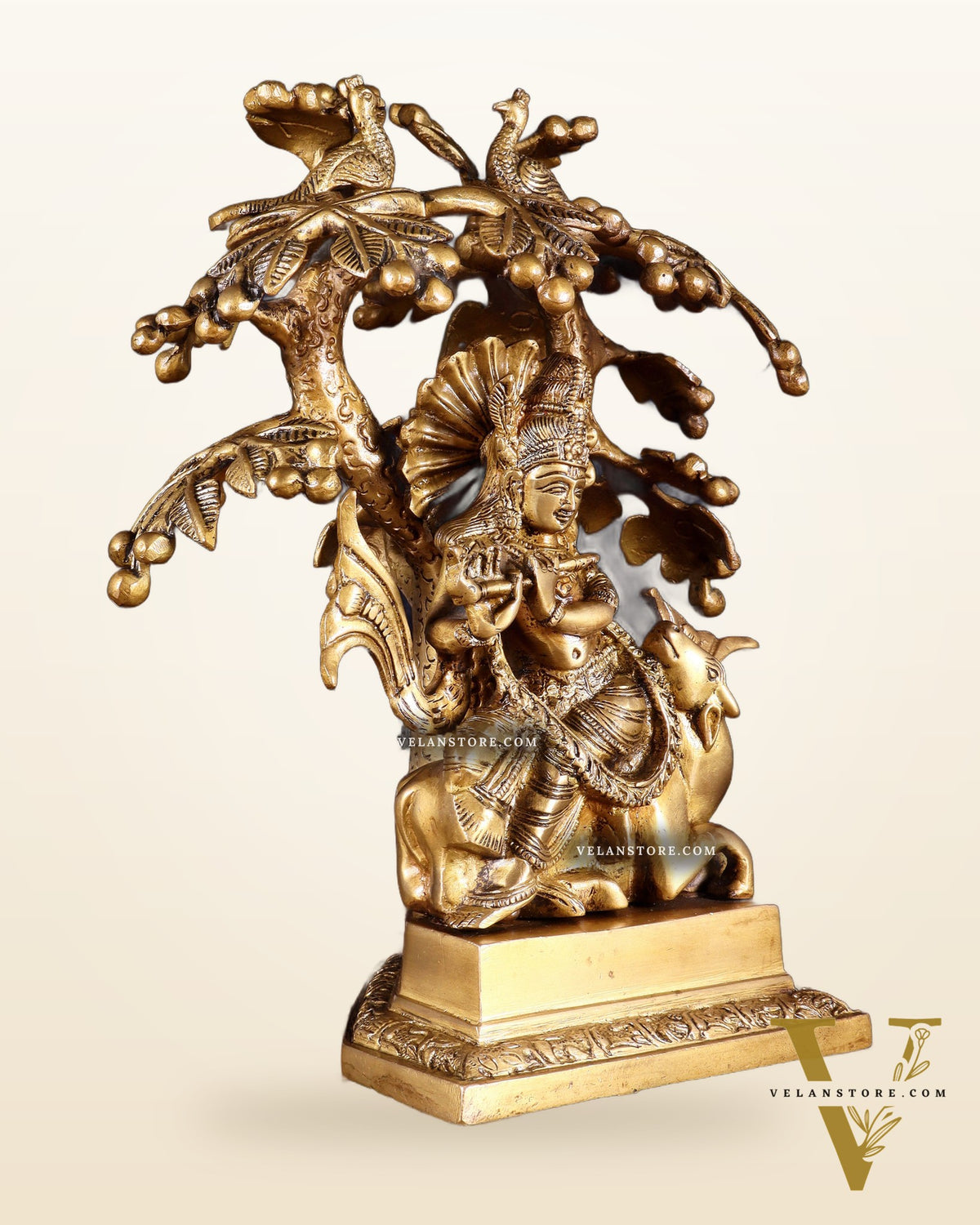Brass Krishna sitting on Cow with Kalpavriksha | 12 inch