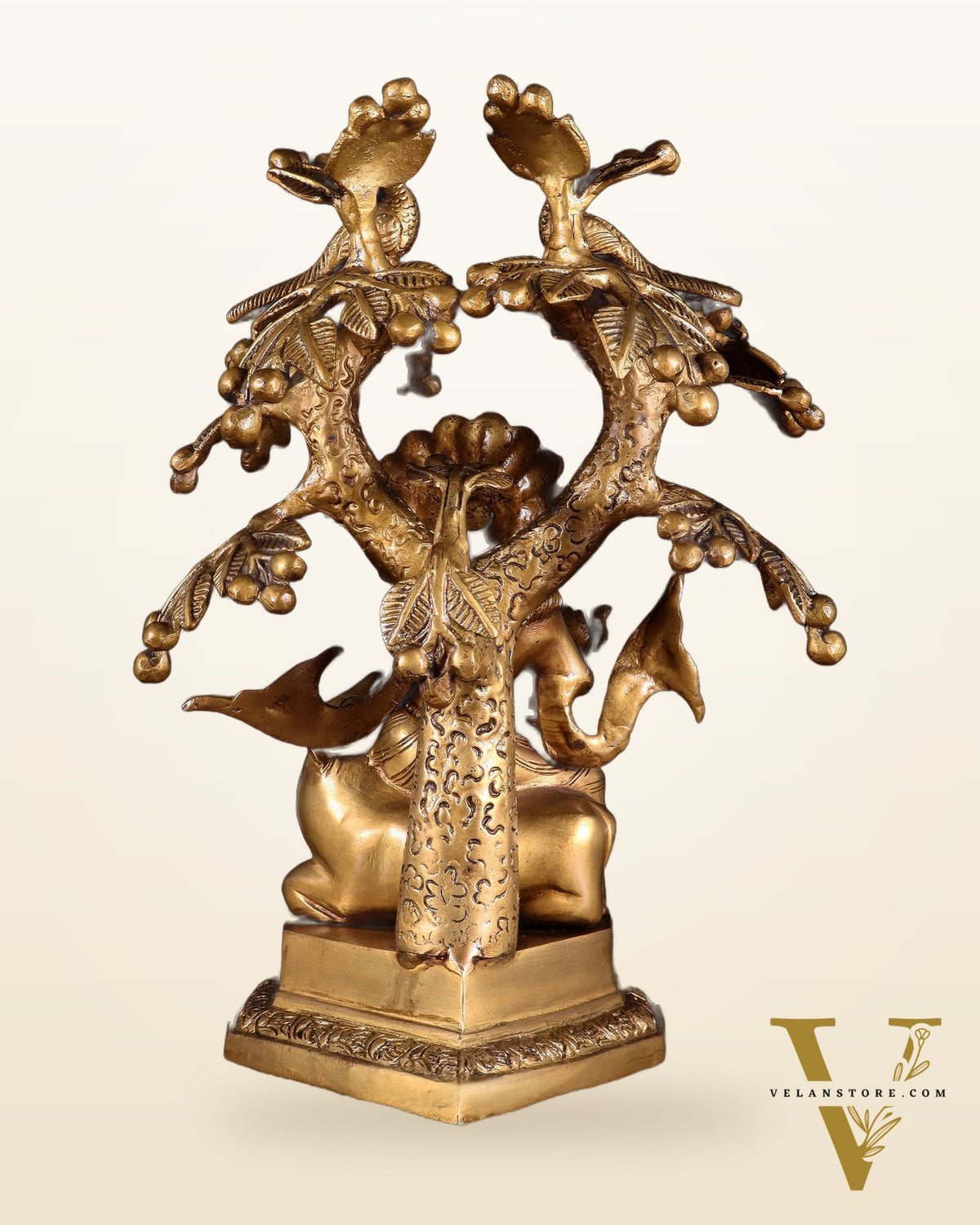 Brass Krishna sitting on Cow with Kalpavriksha | 12 inch