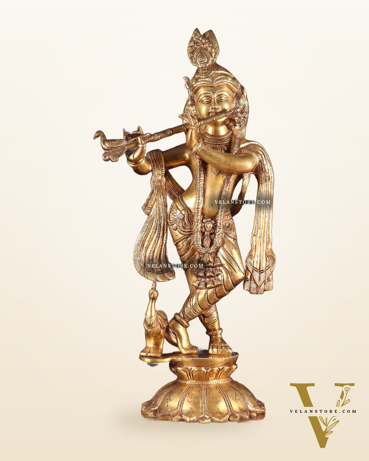 Brass Krishna Standing on a Lotus Base – Pure Brass Unique Sculpture 19"