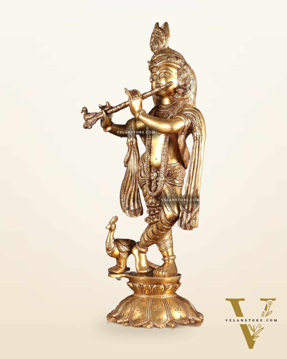 Brass Krishna Standing on a Lotus Base – Pure Brass Unique Sculpture 19"
