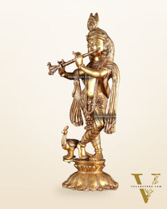 Brass Krishna Standing on a Lotus Base – Pure Brass Unique Sculpture 19"