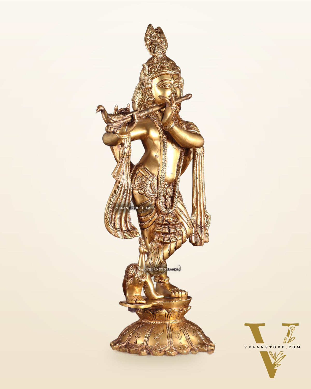 Brass Krishna Standing on a Lotus Base – Pure Brass Unique Sculpture 19"